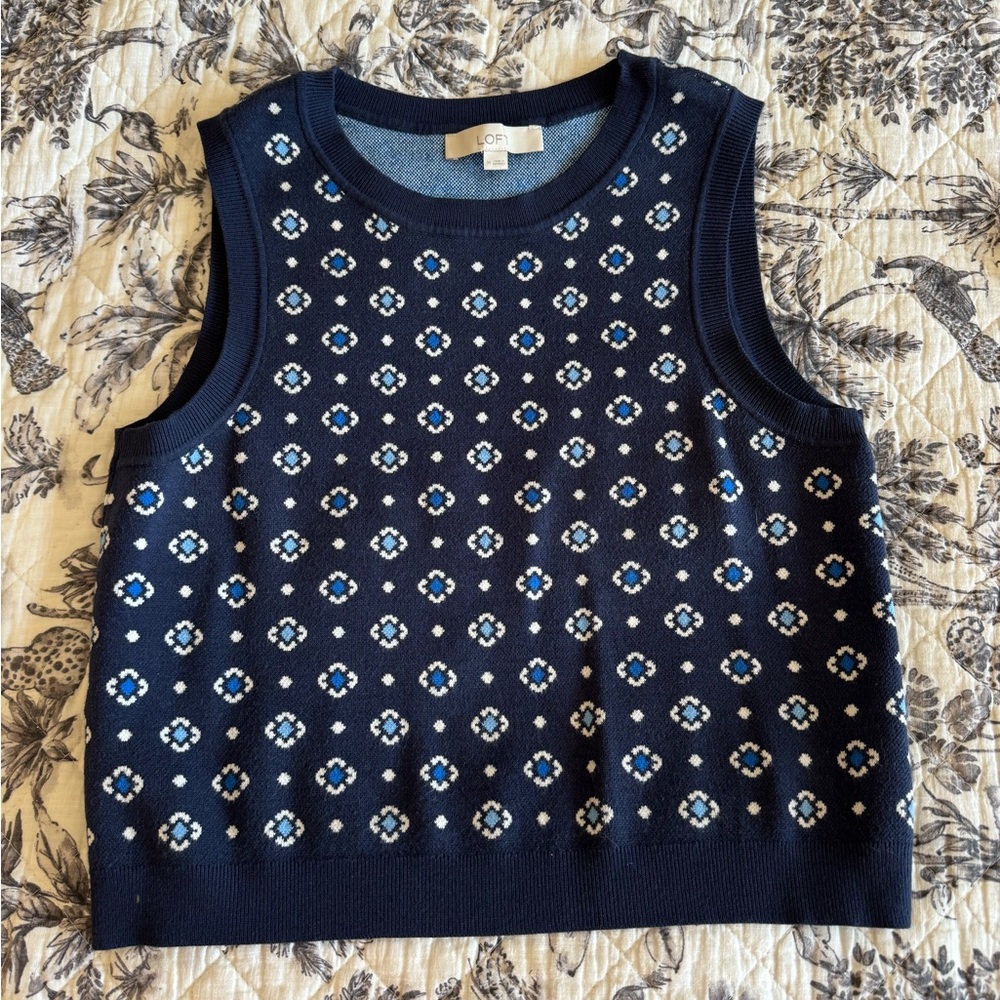 LOFT Navy Blue Patterned Sleeveless Sweater